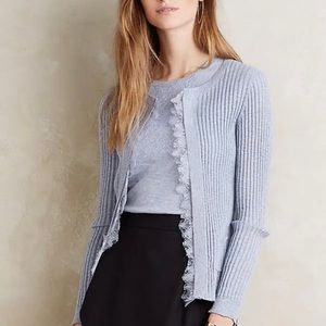 Anthropologie Knitted & Knotted Blue Lace Trim Open Ribbed Cardigan